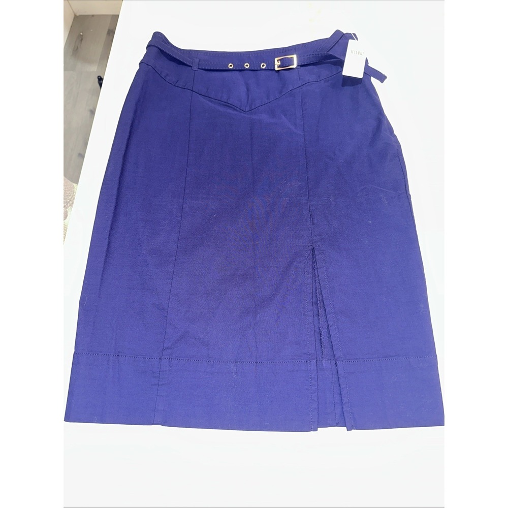 Anthropologie NWT Navy Belted Pencil Skirt Front Slit Gold Buckle Size Xs